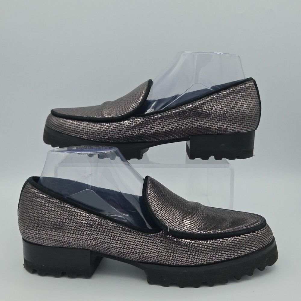 Donald Pliner Elen-A7A7 Carbon Metallic colored loafers Clogs Block heel EUC